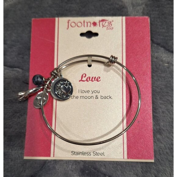 NWT Footnotes Too Stainless Steel Bangle Bracelet With Charms "I Love You To The - Picture 2 of 5